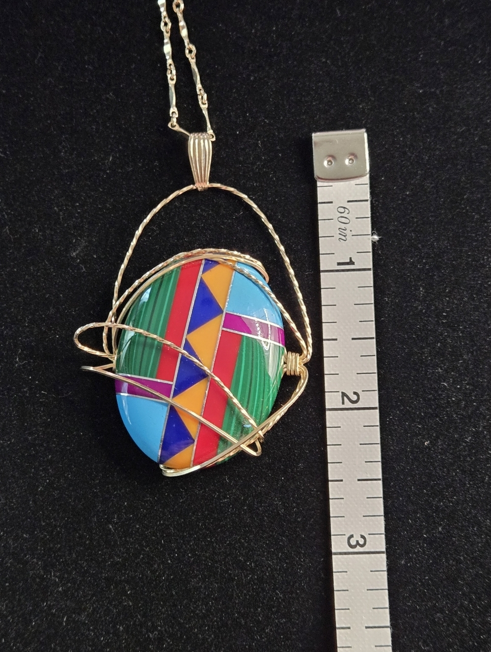 Wire-Wrapped Multicolor Inlay Pendant With Chain. - Picture 4 of 4